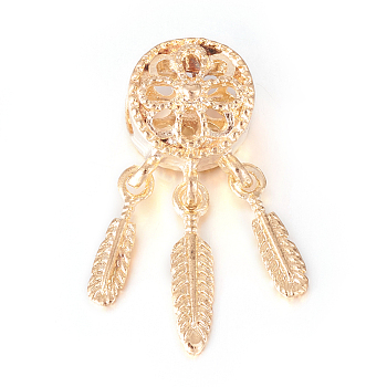 Alloy European Beads, Large Hole Beads, with CCB Plastic Feather Charms, Woven Net/Web with Feather, Golden, 27.5x10.5x9mm, Hole: 5mm, Charm: 15x3.5x1.5mm