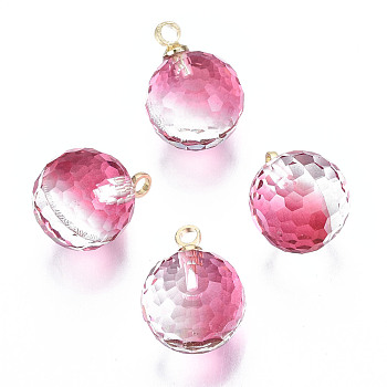 K9 Glass Pendants, Golf Ball Beads, with Golden Tone Brass Peg Bail, Faceted, Round, Hot Pink, 12x8mm, Hole: 1.5mm