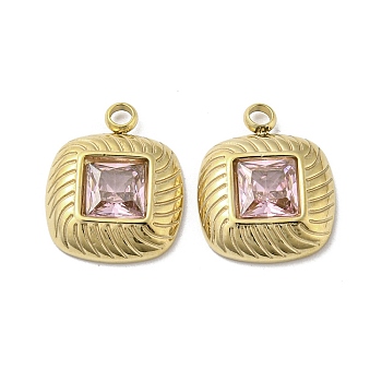304 Stainless Steel Charms, with Pink Glass, Square, Real 14K Gold Plated, 14.5x12x3mm, Hole: 1.2mm