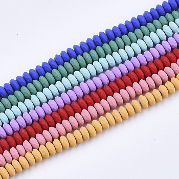 Spray Painted Non-magnetic Synthetic Hematite Beads Strands, Faceted, Flat Round, Mixed Color, 6x3mm, Hole: 1mm, about 128pcs/strand, 15.75 inch(40cm)