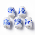 Floral Printed Porcelain Beads, Flower Patterned Column Ceramic Beads, Royal Blue, 12.5x8.5mm, Hole: 3mm(PORC-T007-09)
