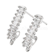 Brass Stud Earring Finding, with Clear Rhinestone & Horizontal Loops, Real Platinum Plated, 14x3.5mm, Hole: 1mm, Pin: 0.7mm(KK-L208-50P)