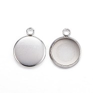 304 Stainless Steel Pendant Cabochon Settings, Plain Edge Bezel Cups, Flat Round, Stainless Steel Color, Tray: 10mm, 15x12x2mm, Hole: 2mm(STAS-G127-13-10mm-P)