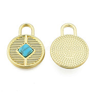 Rack Plating Alloy Pendants, with Synthetic Turquoise, Cadmium Free & Nickel Free & Lead Free, Light Gold, Flat Round, Deep Sky Blue, 23x17x4mm, Hole: 4.5x4.5mm(PALLOY-N155-147)