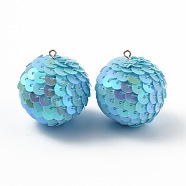 Sparkly Paillette Plastic Pendant Decorations, AB Color Plated, Ball Shape, Light Sky Blue, 30x29mm, Hole: 2mm(FIND-H211-B-03)