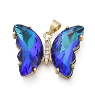 Brass Micro Pave Clear Cubic Zirconia Pendants, with Glass, Butterfly, Golden, Blue, 20x26.5x5mm(ZIRC-P079-A01-08)
