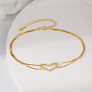 S925 Sterling Silver Double Layer Heart Shape Link Bracelet, Minimalist Design, Golden, 7-1/8 inch(18cm)(UD1653-1)