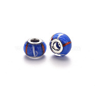 Handmade Lampwork European Beads, Large Hole Rondelle Beads, with Platinum Tone Brass Double Cores, Blue, 14~16x9~10mm, Hole: 5mm(LPDL-N001-070-F03)