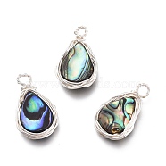 Natural Abalone Shell/Paua Shell Pendants, with Eco-Friendly Copper Wire Wrapped, Teardrop, Silver, 18.4x10.5x3.5mm, Hole: 2.4mm(PALLOY-JF00477-02)