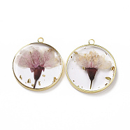 Transparent Clear Epoxy Resin Pendants, with Edge Golden Plated Brass Loops and Gold Foil, Flat Round Charms with Inner Flower, Misty Rose, 33.8x30x4mm, Hole: 2.5mm(RESI-L036-12G-05)