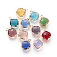 Glass Pendants, with Brass Findings, Faceted, Rhombus, Mixed Color, 14.5x11.5x4mm, Hole: 2.5mm(GLAA-S116-B-M)
