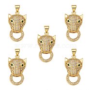 5Pcs Brass Micro Pave Clear & Green Cubic Zirconia Pendants, Nickel Free, Leopard, Real 18K Gold Plated, 25.5x14.5x6.5mm, Hole: 3x5mm(ZIRC-SZ0003-23)