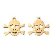 Halloween Ion Plating(IP) 316L Surgical Stainless Steel Pendants, Laser Cut, Laser Cut, Skull Charm, Real 18K Gold Plated, 13.5x15.5x1mm, Hole: 1mm(STAS-D078-22G)