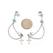 Synthetic Green Turquoise Beaded Hanging Chain Dangle Stud Earrings with Ear Cuff, 304 Stainless Steel Cross Drop Earrings for Women, Stainless Steel Color, 80mm, Pin: 0.7mm(EJEW-TA00149)