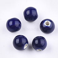 Handmade Porcelain Beads, Bright Glazed Porcelain, Round, Midnight Blue, 8~8.5x7.5~8mm, Hole: 1.5~2mm(PORC-S499-01A-02)