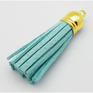 Golden Brass Suede Tassels for Cell Phone Straps Making, Cyan, 55~65x12mm, Hole: 1.5mm(X-FIND-H004-11G)