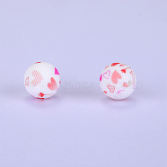 Printed Round with Heart Pattern Silicone Focal Beads, White, 15x15mm, Hole: 2mm(SI-JX0056A-205)