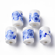 Handmade Porcelain Beads, Famille Rose Style, Column with Flower Pattern, Royal Blue, 12.5x8.5mm, Hole: 3mm(PORC-T007-09)