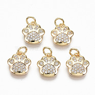 Brass Micro Pave Clear Cubic Zirconia Charms, with Jump Rings, Nickel Free, Dog Paw Prints, Real 18K Gold Plated, 11.5x10.5x2.5mm, Jump Ring: 4.5x0.7, Inner Diameter: 3mm(X-RJEW-T063-38G-NF)