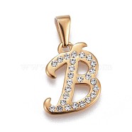 304 Stainless Steel Pendants, with Rhinestone, Letter, Letter.B, 21x16x2mm, Hole: 3~3.5x7.5~8mm(STAS-F202-16G-B)