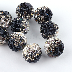 Two-Tone Color Handmade Polymer Clay Disco Ball Beads, with Glass Rhinestone, Jet, 9~10mm, Hole: 2mm(X-RB-R041-07)