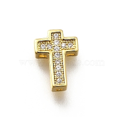 Brass Micro Pave Cubic Zirconia Beads, Cross, Rack Plating, Cadmium Free & Lead Free, Long-Lasting Plated, Real 18K Gold Plated, 10.5x7.5x3mm, Hole: 1x1mm(KK-P295-21G)