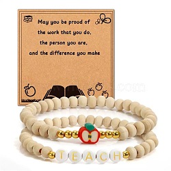 Wood Polymer Clay Beaded Bracelets, Letter & Apple, with Resin, Old Lace, Inner Diameter: 2-3/8 inch(6cm)(FS-WGA7C7B-01)