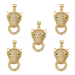 5Pcs Brass Micro Pave Clear & Green Cubic Zirconia Pendants, Nickel Free, Leopard, Real 18K Gold Plated, 25.5x14.5x6.5mm, Hole: 3x5mm(ZIRC-SZ0003-23)