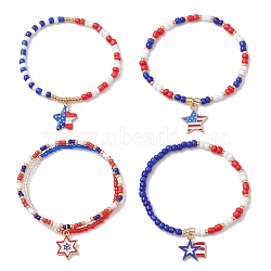 4Pcs 4 Style Glass Seed Beaded Stretch Bracelets Sets, Independence Day Bracelets with Alloy Enamel Star Charms, Mixed Color, Inner Diameter: 2 inch(5.2cm), 1Pc/style(BJEW-MZ00054)