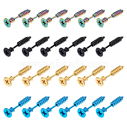24pcs 4 colors 304 Stainless Steel Screw Shape Front Back Stud Earrings, Creative Stud Earrings for Men Women, Mixed Color, 25x7.5mm, Pin: 1.1mm, 6pcs/color(EJEW-UN0002-23)