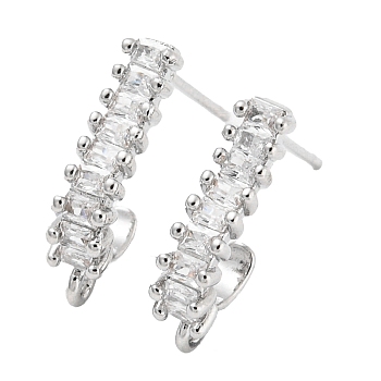 Brass Stud Earring Finding, with Clear Rhinestone & Horizontal Loops, Real Platinum Plated, 14x3.5mm, Hole: 1mm, Pin: 0.7mm