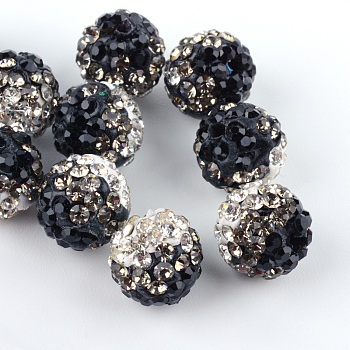 Two-Tone Color Handmade Polymer Clay Disco Ball Beads, with Glass Rhinestone, Jet, 9~10mm, Hole: 2mm