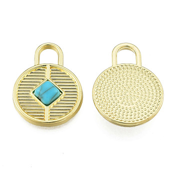 Rack Plating Alloy Pendants, with Synthetic Turquoise, Cadmium Free & Nickel Free & Lead Free, Light Gold, Flat Round, Deep Sky Blue, 23x17x4mm, Hole: 4.5x4.5mm