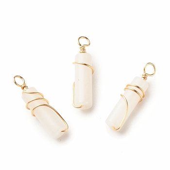 Natural White Jade Pendants, with Light Gold Tone Eco-Friendly Copper Wire Wrapped, Column, 20~21x5~5.5mm, Hole: 2.3~2.8mm