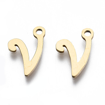 201 Stainless Steel Charms, Laser Cut, Alphabet, Golden, Letter.V, 12x9x1mm, Hole: 1.4mm
