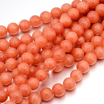 Natural Yellow Jade Beads Strands, Round, Dyed, Coral, about 10mm in diameter, hole: 1mm, about 40 pcs/strand, 16 inch