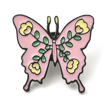 Black Alloy Brooches, Butterfly with Flower Enamel Pins for Women, Lime Green, 27.5x29x2mm