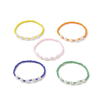 Glass Seed & Plastic Pearl Beaded Stretch Bracelet for Women, Mixed Color, Inner Diameter: 2 inch(5.2cm)