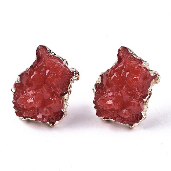 Druzy Resin Stud Earrings, with Steel Pins and Edge Light Gold Plated, Nuggets, Red, 19.5x16.5mm, Pin: 0.7mm