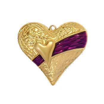 304 Stainless Steel Enamel Pendants, Heart Charms, Ion Plating(IP), Real 18K Gold Plated, Purple, 36x33mm