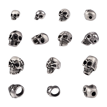 7Pcs 7 Style 304 Stainless Steel Beads, Skull, Antique Silver, 11~16x8~11x8.5~15mm, Hole: 1.5~8mm, 1pc/style