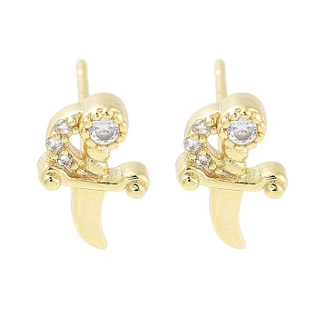 Brass Pave Clear Cubic Zirconia Stud Earring, Katana, Real 18K Gold Plated, 10x6.5mm