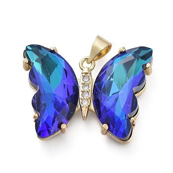 Brass Micro Pave Clear Cubic Zirconia Pendants, with Glass, Butterfly, Golden, Blue, 20x26.5x5mm