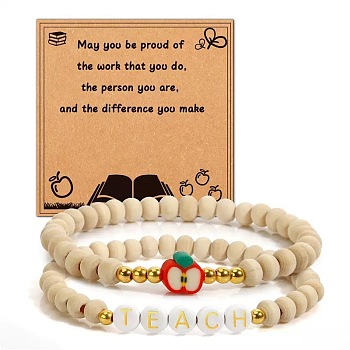 Wood Polymer Clay Beaded Bracelets, Letter & Apple, with Resin, Old Lace, Inner Diameter: 2-3/8 inch(6cm)