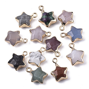 Natural & Synthetic Mixed Gemstone Pendants, with Light Gold Plated Edge and Brass Loop, Mixed Dyed and Undyed, Star, Faceted, 16~17x13x6.5mm, Hole: 1.6mm