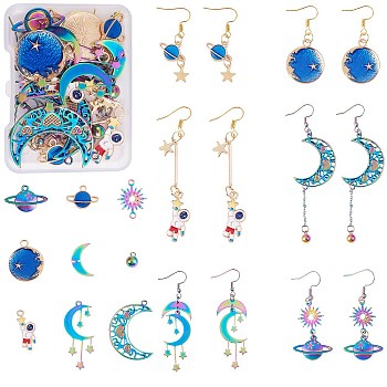 DIY Planet Earring Making Kit, Including Star & Moon & Spaceman 201 Stainless Steel & Alloy Enamel & Brass Link Connectors & Pendants, Stainless Steel & Iron Earring Hooks, Mixed Color, 62Pcs/box