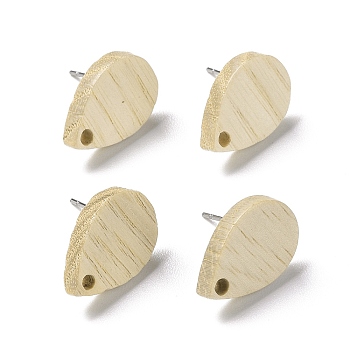 Ash Wood Stud Earring Findings, with 304 Stainless Steel Pin, Teardrop, 20x14mm, Hole: 1.8mm, Pin: 0.7mm