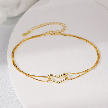 S925 Sterling Silver Double Layer Heart Shape Link Bracelet, Minimalist Design, Golden, 7-1/8 inch(18cm)