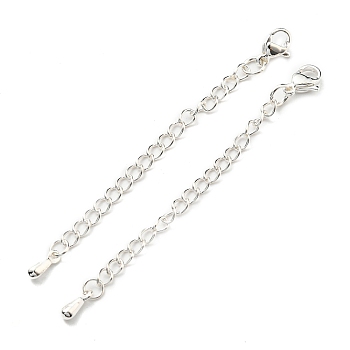 304 & 201 Stainless Steel Curb Chain Extender, End Chains, with Lobster Claw Clasps & Teardorp Chain Tabs, Silver, 72mm