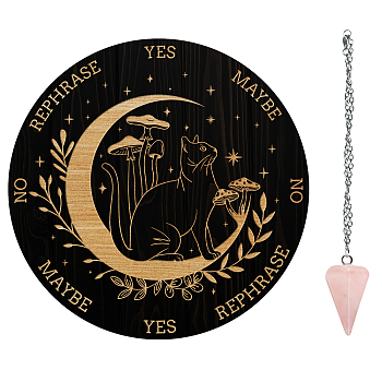 AHADEMAKER Divination Sets, including 1Pc PVC Plastic Pendulum Board, 1Pc 304 Stainless Steel Cable Chain Necklaces, 1Pc Natural Rose Quartz Stone Pendants, Moon Pattern, Board: 200x4mm